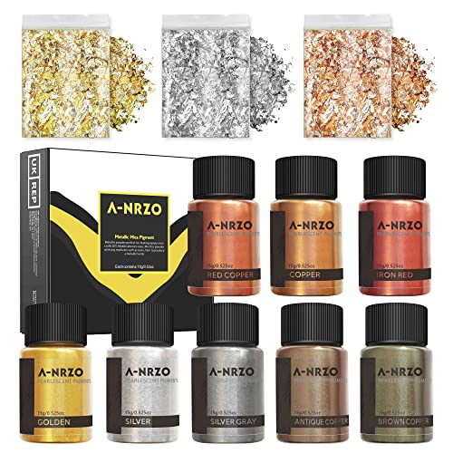 Metallisches Pigmentpulver Set mit Blattsilber für Epoxidharz Farbe DIY Kunst, Seifenherstellung und mehr 8 Harzfarbpulver in 15 ml Flaschen, kosmetischer Grad, mit ultrafeiner und seidiger Textur Metallisches Pigmentpulver Set mit Blattsilber für Epoxidharz Farbe DIY Kunst, Seifenherstellung und mehr 8 Harzfarbpulver in 15 ml Flaschen, kosmetischer Grad, mit ultrafeiner und seidiger Textur von ANRZO
