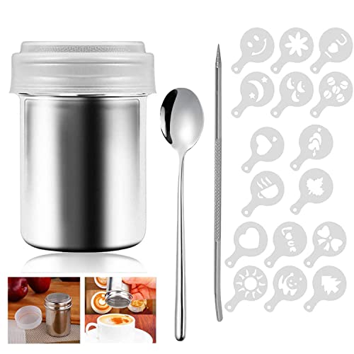 Kakaostreuer Edelstahl 304 Puderzuckerstreuer Mehlstreuer mit Deckel Pulverstreuer Schokoladenstreuer mit 16 Pcs Kaffee Cappuccino Schablonen, Coffee Art Pull Pin, Rührlöffel Edelstahl (1) von 通用