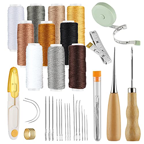 Leder Werkzeuge Set 32 Stück Leder Nähen Set, Leder Nähen Werkzeug Set Ledernadeln Hand Wachsfaden Ahle Nähahle Nadeln und Maßband, Lederhandwerk Werkzeug für DIY Sewing Craft Hand Nähen, colorful von 通用