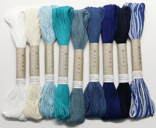 Olympus Sashiko-Garn, 20 m, 100 % Baumwolle, Weiß und Blau, 9 Farben von オリムパス