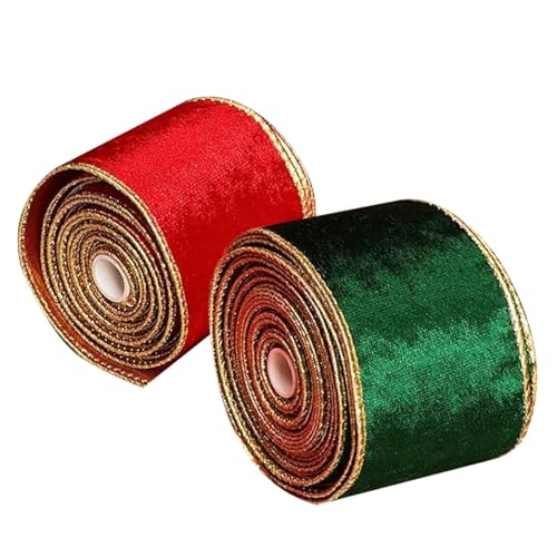 Weihnachtsband - Weihnachtsbaumband | Weihnachtsbänder mit Kabel | 2 Rollen Stoffband für Weihnachtsbastelarbeiten | 2 Rollen Samt und Satin wendbar | 6,3 cm x 5 m von ノーブランド品