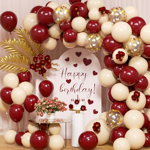 Weinroter Ballon Arch Kit, Weinrot Nude Gold Latex Ballons und Golden Konfetti Ballon Girlande für Mädchen Frauen Geburtstag Party Hochzeit Jahrestag Braut Baby Shower Ballon Dekorationen von GOLDNICE