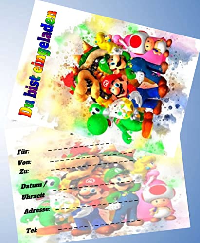 12 Einladungskarten & 12 Umschläge für Geburtstag Partys und Kindergeburtstag Kompatibel mit Super Mario Nr. 17 von 000