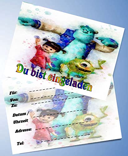 12 Einladungskarten & 12 Umschläge für Geburtstag Partys und Kindergeburtstag Monster AG Nr. 02 von 000