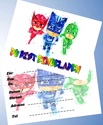 10 Einladungskarten für Geburtstag Partys und Kindergeburtstag Pj Masks Nr. 01 von 000