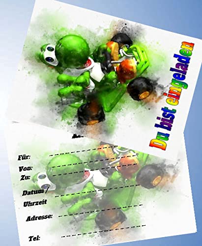 12 Einladungskarten & 12 Umschläge für Geburtstag Partys und Kindergeburtstag Super Mario / Yoshi Nr. 14 von 000