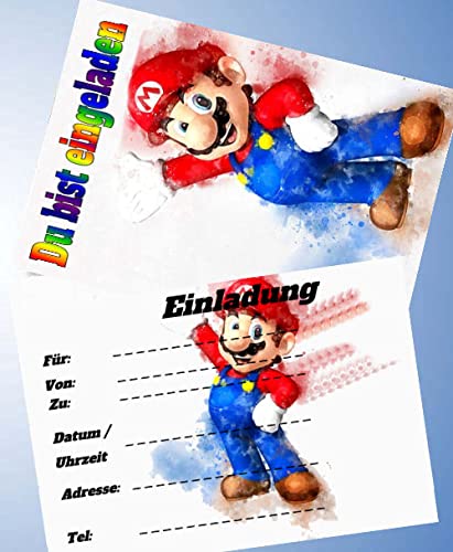 000 12 Einladungskarten & 12 Umschläge für Geburtstag Partys und Kindergeburtstag Super Mario Nr. 13 von 000