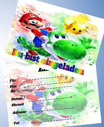 12 Einladungskarten & 12 Umschläge für Geburtstag Partys und Kindergeburtstag Super Mario Nr. 15 von 000