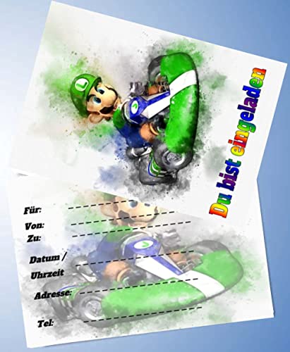 000 12 Einladungskarten & 12 Umschläge für Geburtstag Partys und Kindergeburtstag kompatibel mit Super Mario/Mario Kart Nr. 16 von 000