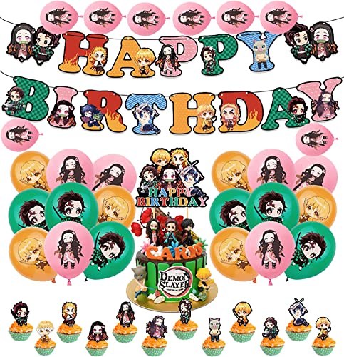 Geburtstag Dekoration Demon Slayer Luftballons Kimetsu No Yaiba Alles Gute zum Geburtstag Girlande Kuchen Topper Geburtstagsdeko für Anime Kindergeburtstag Deko von 000