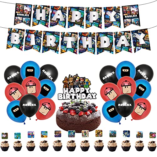 Geburtstagsdeko Roblox Luftballons Roblox Alles Gute Zum Geburtstag Girlande Tortentopper Dekoration für Kinder Video Game Geburtstagsfeier Dekoration Partyzubehör von 000