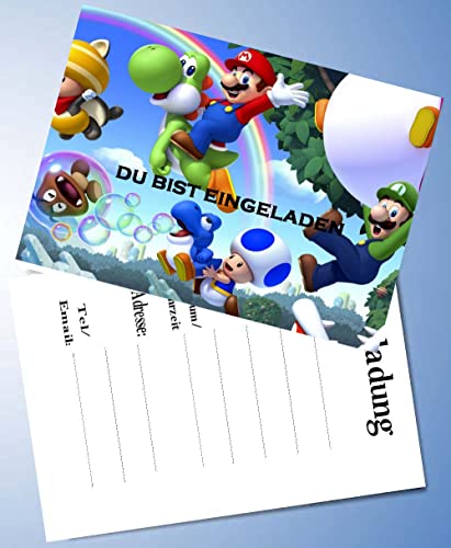 0000 12er Set Einladungskarten + 12 Umschläge für Geburtstag - Party Kindergeburtstag Kompatibel mit Super Mario Nr. 3 von 0000