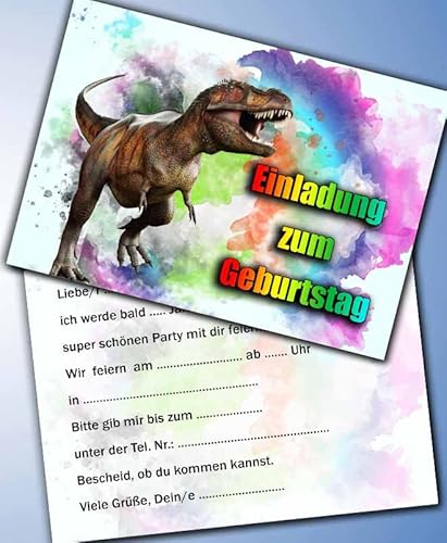 Einladungskarten 10er Set + 10 Umschläge Kindergeburtstag kompatibel mit Dino T-Rex, Format DIN A6 (Postkarte 148 x 105 mm), 0050 von 0001