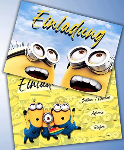 Einladungskarten 10er Set + 10 Umschläge Kindergeburtstag kompatibel mit Minions, Format DIN A6 (Postkarte 148 x 105 mm), 0040. von 0001