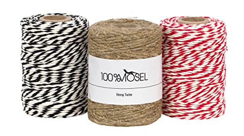 100% Mosel Bastelschnur Set, Hanf- + Baumwollkordel (3 x 100 m), praktisches Geschenkband für Weihnachten & Adventszeit, Verpackungsmaterial für jeden Anlass von 100%Mosel