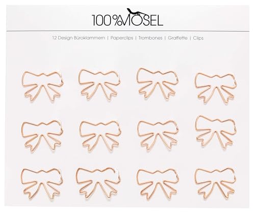 100% Mosel Büroklammern Roségold, 12 Stück, in Schleifenform (3,3 x 2,4 cm), edle Klammern aus Metall, modernes Accessoire fürs Büro/Homeoffice, elegante Deko zu besonderen Anlässen von 100%Mosel