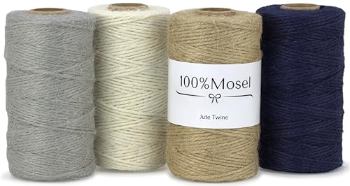 100% Mosel Jutekordel, Set mit 4 Farben (je 2 mm x 100 m), Naturbraun, Naturweiß, Grau, Dunkelblau, nachhaltige Schnur aus Jute, rustikales Geschenkband für Weihnachten & Adventszeit von 100%Mosel