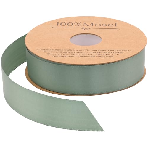 100% Mosel Satinband, in Eukalyptus Grün (25 mm x 25 m), matt glänzendes Geschenkband, edles Schleifenband zum Dekorieren & Basteln, zum Einpacken besonderer Geschenke, für Hochzeiten, Taufen, uvm. von 100%Mosel