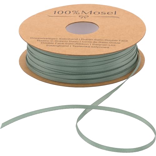 100% Mosel Satinband, in Eukalyptus Grün (3 mm x 100 m), matt glänzendes Geschenkband, edles Schleifenband zum Dekorieren & Basteln, zum Einpacken besonderer Geschenke, für Hochzeiten, Taufen, uvm. von 100%Mosel