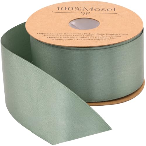 100% Mosel Satinband, in Eukalyptus Grün (50 mm x 25 m), matt glänzendes Geschenkband, edles Schleifenband zum Dekorieren & Basteln, zum Einpacken besonderer Geschenke, für Hochzeit, Taufe, Kommunion von 100%Mosel
