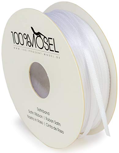 100% Mosel Satinband, in Weiß (3 mm x 100 m), matt glänzendes Geschenkband, edles Schleifenband zum Dekorieren & Basteln, zum Einpacken besonderer Geschenke, für Hochzeiten, Taufen, uvm. von 100%Mosel