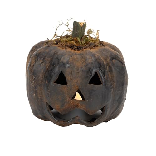 100 North Raggedy Junction Primitive Halloween Distressed Black Paper Maché with Real Pumpkin Stem Teelichthalter Cover Dekoration, Jack-o-Lantern von 100 North