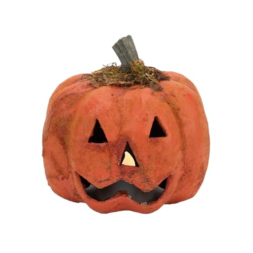 100 North Raggedy Junction Primitive Halloween Distressed Orange Pappmaché mit echtem Kürbisstiel, Teelichthalter, Abdeckung, Dekoration, Jack-o-Lantern von 100 North