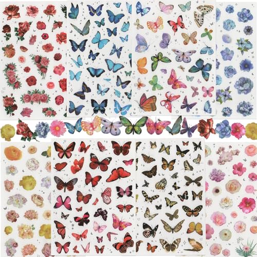 Schmetterlings-Blumen-Aufkleber (8 Blatt/260 + Stück), PET, transparent, bunt, Natur-Aufkleber für Scrapbooking, Planer, Journaling, Verpackung, DIY, Basteln, Karten, Album, Wasserflaschen von 1000Art
