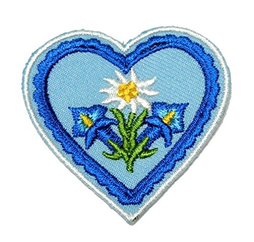 Aufnäher Bügelbild Aufbügler Iron on Patches Applikation Herz Edelweiss mit Enzian 4,5 x 4,3cm vor208-5 von 1A-Kurzwaren