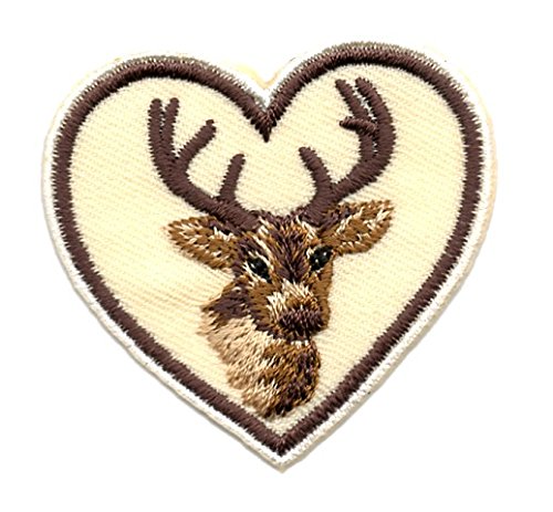 Aufnäher Bügelbild Aufbügler Iron on Patches Applikation Landhaus Wiesn Herz Hirsch 4,8 x 4,5cm Farbe: Braun-Beige von yaco