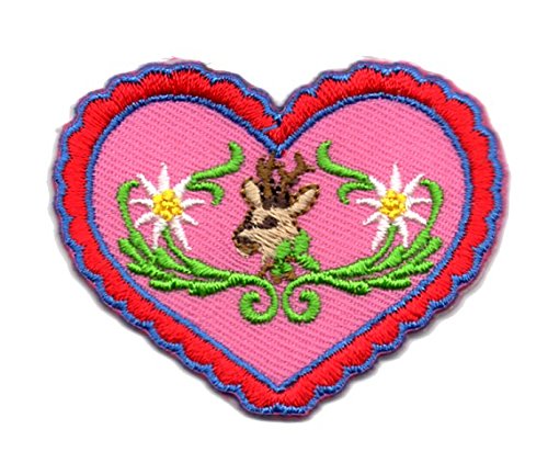 Aufnäher Bügelbild Aufbügler Iron on Patches Applikation Wiesn Herz Hirsch Edelweiss 5,4 x 4,2cm Farbe: Blau-Rot-Pink von 1A-Kurzwaren