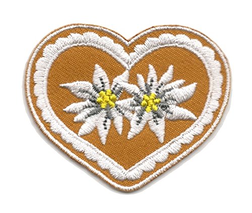 Aufnäher Bügelbild Aufbügler Iron on Patches Applikation Wiesn Herz mit Edelweiss 5 x 4,5cm Farbe: Weiss-Braun von 1A-Kurzwaren