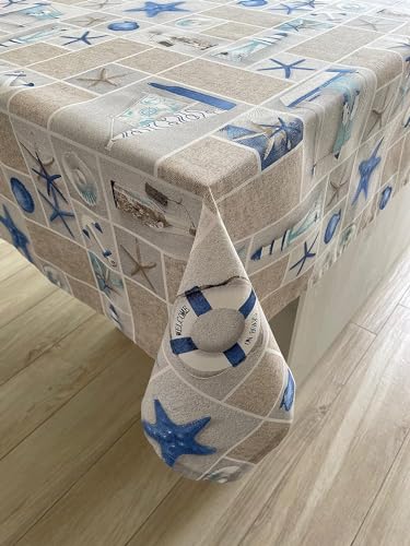 1KDreams Rechteckige Tischdecke aus Baumwolle. Meer Schiffe Leuchtturme Seesterne Anker schmücken den Stoff. Moderner Shabby Chic mit sommerlichem und exotischem Flair. (130 x 130 cm) von 1KDreams