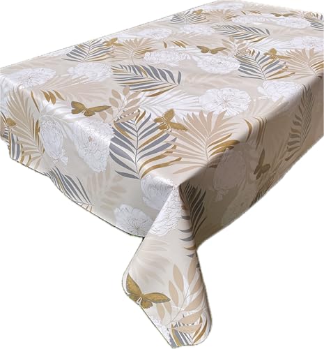 1KDreams Schmutzabweisende Tischdecke aus PVC, rechteckig, kunststoffbeschichtet, Motiv: Pfingstrosen und tropische Blätter, leicht zu reinigen, Made in Italy (Blätter Blumen, 140 x 180 cm) von 1KDreams