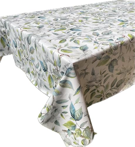 1KDreams Schmutzabweisende Tischdecke aus PVC. Plastifiziert Blätter und Blumen. Quadratisch. Made in Italy. (Grüne Blätter weiße Blumen, 140 x 140 cm) von 1KDreams