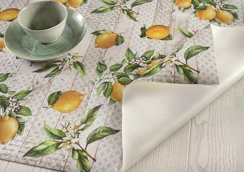 1KDreams Schmutzabweisende Tischdecke aus PVC. Rechteckige Kunststoff-Tischdecke, Motiv Zitronen und Majoliken in Holzoptik, leicht zu reinigen, Made in Italy (Limoni Majolika, 140 x 240 cm) von 1KDreams