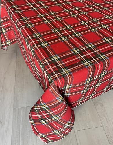 1KDreams Schottische Weihnachtstischdecke mit Schottenkaro, aus Lurex mit Glitzereffekt, modern und traditionell, Rot, 130 x 300 cm von 1KDreams