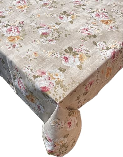 1KDreams Tischdecke – Florale Tischdecke mit rosafarbenen Rosen und beigem Hintergrund – elegante Tischdecke Shabby Chic – Made in Italy (Rosa, 130 x 240 cm) von 1KDreams