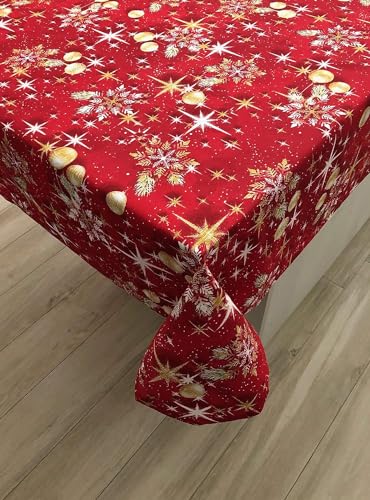1KDreams Tischdecke Mitteldecke Weihnachten Roter Hintergrund Kugeln Sterne und Blätter Gold Klassisches Design in modernem Design. (90 x 90 cm) von 1KDreams