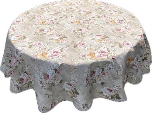 1KDreams Tischdecke – Tischdecke Blumenmuster mit rosafarbenen Rosen und beigem Hintergrund – elegante Tischdecke Shabby Chic – Made in Italy (Rosa, rund Ø140 cm) von 1KDreams