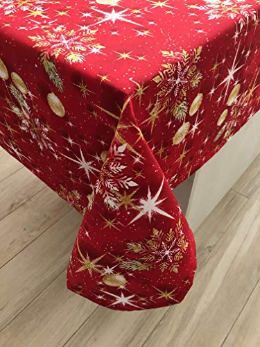 1KDreams Weihnachtstischdecke aus Baumwolle, Elegantes und modernes Design, roter Hintergrund, Shabby Chic im modernen Schlüssel. (130x130 cm) von 1KDreams