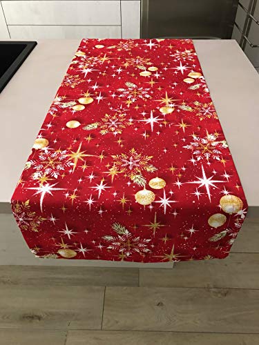 1KDreams Weihnachtstischdecke mit rotem Hintergrund mit Sternen und goldenen Blättern, klassisches Design in modernem Schlüssel. (50 x 140 cm) von 1KDreams