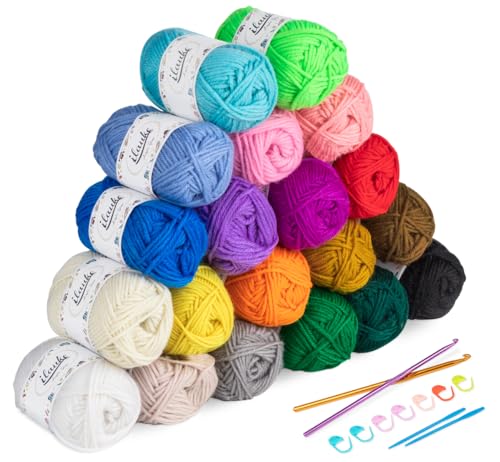 20 Farben Handstrickgarn, 600g (20x30g) 4-Fädig Handstrickgarn Acrylgarn Häkelgarn Set mit 2 Häkelnadeln+2 Nähnadeln+8 Markierungsschnallen Tragetasche Woll zum Häkeln und Kunsthandwerk von 1Plusselect