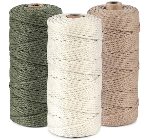 Makramee Garn 3er Set,Weiche Baumwollgarn Baumwollschnur Makramee 3mm für DIY Projekte - 3 x 100m Baumwolle Baumwollkordel zum Makramee Wandbehang, Traumfänger, Blumenampel,Militärgrün+Hellbraun+Beige von 1Plusselect