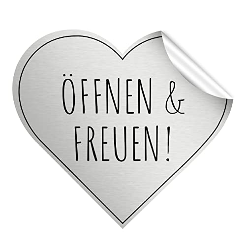 80x Aufkleber Öffnen und Freuen silber/schwarz 3,5cm hoch, Etiketten „Öffnen & Freuen“ selbstklebend, Sticker in Herzform f. Hochzeit, als Überraschung, Geschenkverpackung auf Tüten, Karte, uvm. von 1peak