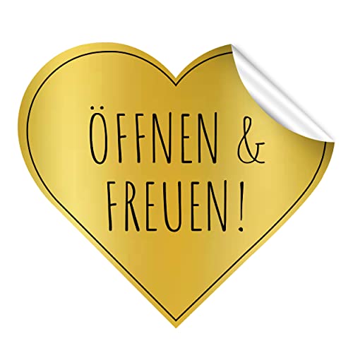 80x Öffnen und Freuen Aufkleber, gold / schwarz 3,5cm hoch, große selbstklebende Etiketten Sticker, Schöne Geschenkaufkleber von 1peak