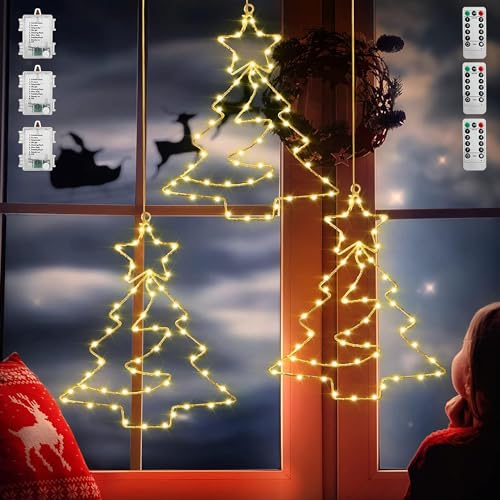 23GUANYI Fensterdeko Weihnachten Beleuchtet, 3 Stück 180 LED Fensterdeko Weihnachten Leuchte mit Timer, LED Fensterdeko Tannenbäume Beleuchtung für Fenster Beleuchtung Hängen Weihnachtsdeko（34×25 CM） von 23GUANYI