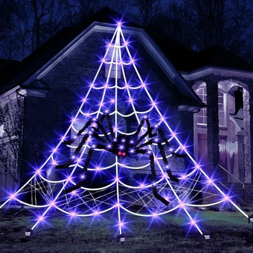 Halloween Deko Spinnennetz Outdoor, 1.2m Große Schwarze Spinne, 6 * 7m Große Dreieckiges Spinnennetz, 270 Violette LED Und 8 Lichtmodi für Garten Party (M) von 23GUANYI