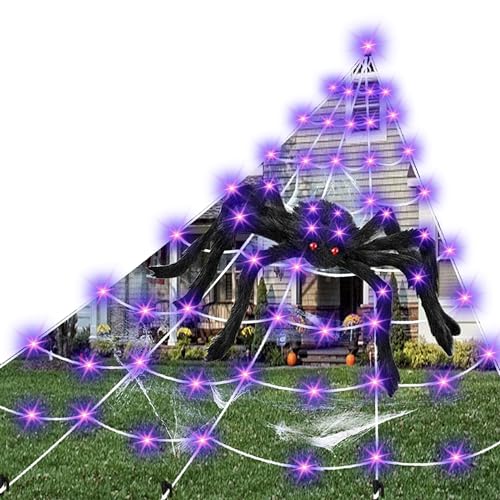 Halloween LED Spinnennetz Dekoration,7 * 5.5m Dreieckiges Spinnweben 2.5m Rundes Spinnennetze,Große Schwarze Spinne Farbige Spinnen Spinnenbaumwolle mit 20pcs Mini Spinnen 400 LED Perlen von 23GUANYI