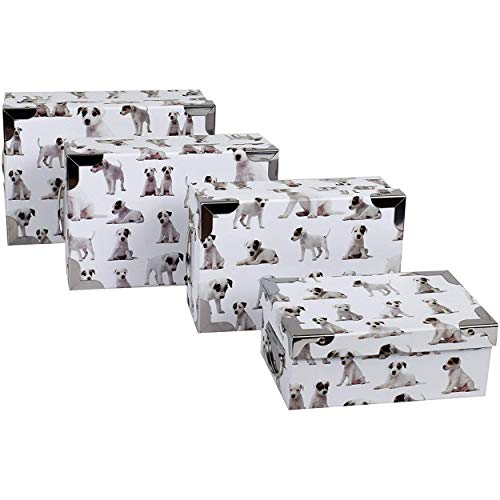 2J Hundesatz von 4 großen Pappaufbewahrungsboxen Deco Pets Schwarz und Weiß Vintage Welpen Hundespeicherboxen mit Metallwinkeln und Griffen Größen: 23x15x9,25x16,5x10,27x18x10,5,29x20x11cm von 2J